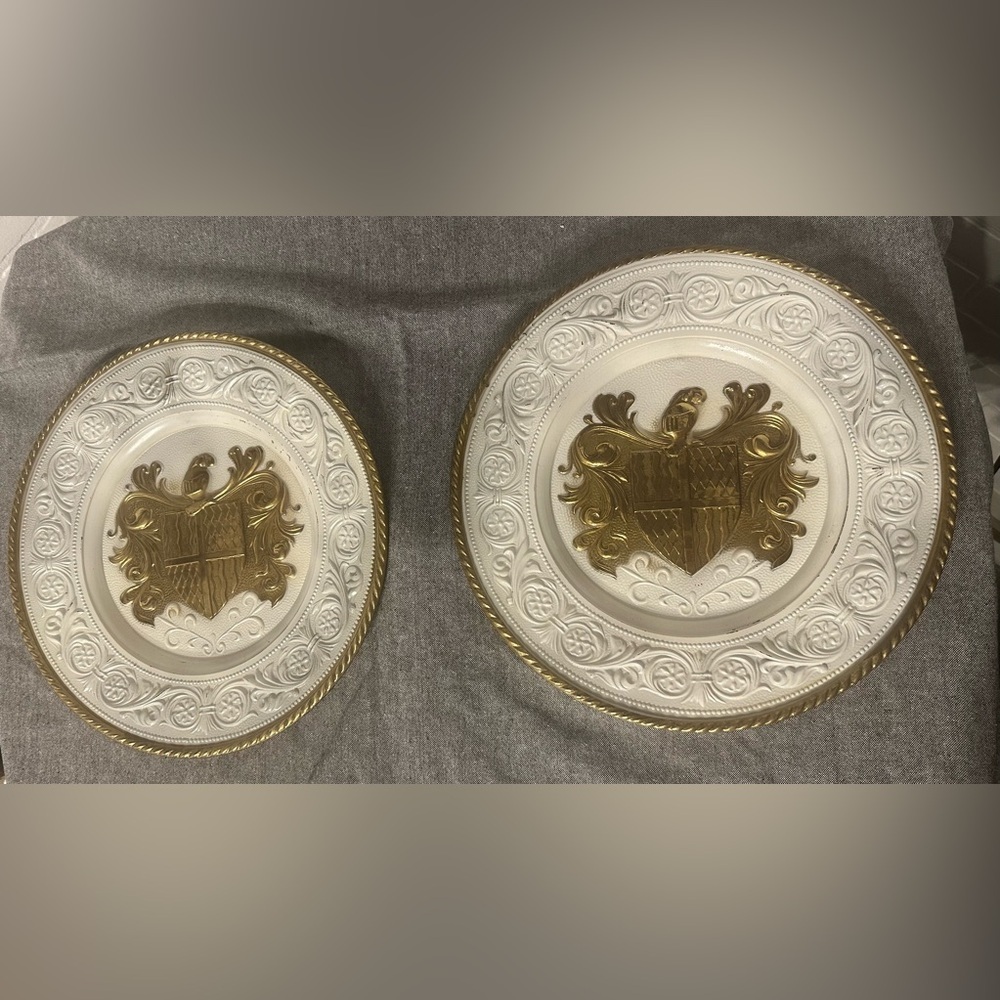Elegant Brass / White Shield Coat of Arms Wall Plaques. Set of 2